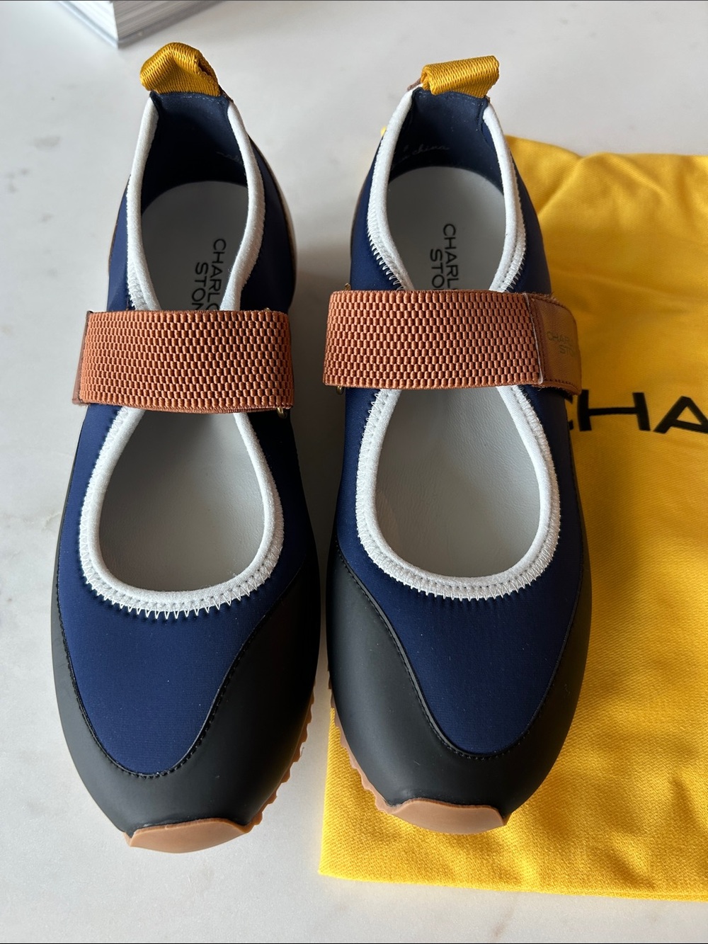 CHARLOTTE STONE Navy, Brown and Yellow Mary Jane Sport Flats